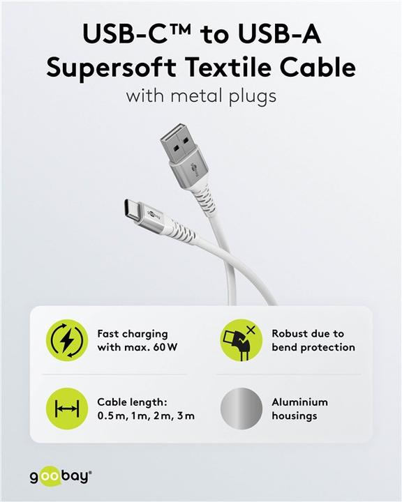 Immagine prodotto Goobay Cavo USB-C in tessuto Supersoft con spine in metallo, 2 m, bianco (2 m, USB 2.0)