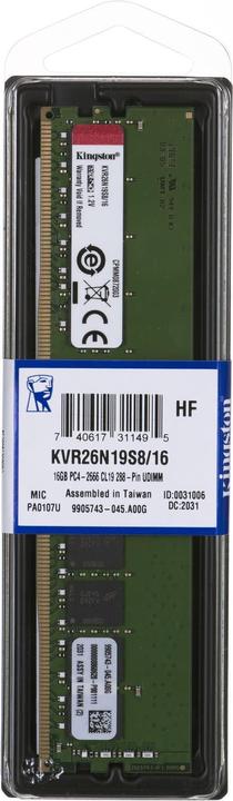 Immagine prodotto Kingston Tecnologia KVR26N19S8 (1 x 16GB, 2666 MHz, DDR4-RAM, DIMM)