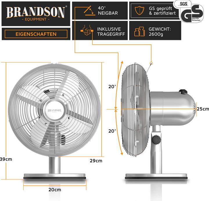 Produktbild Brandson Tischventilator, Retro Design, Oszillation, Neigungswinkel ca. 40°, Metallgehäuse, 30W, silber (50 dB)