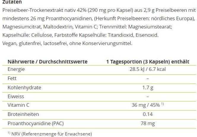Valeurs nutritives et ingrédients Alpinamed Capsules aux canneberges (1 pièce(s), Capsules, 120 g)