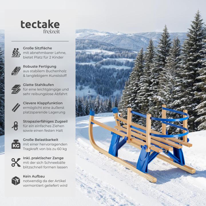 Image du produit tectake Holzschlitten Vivian, klappbar mit Rückenlehne und Zugseil
