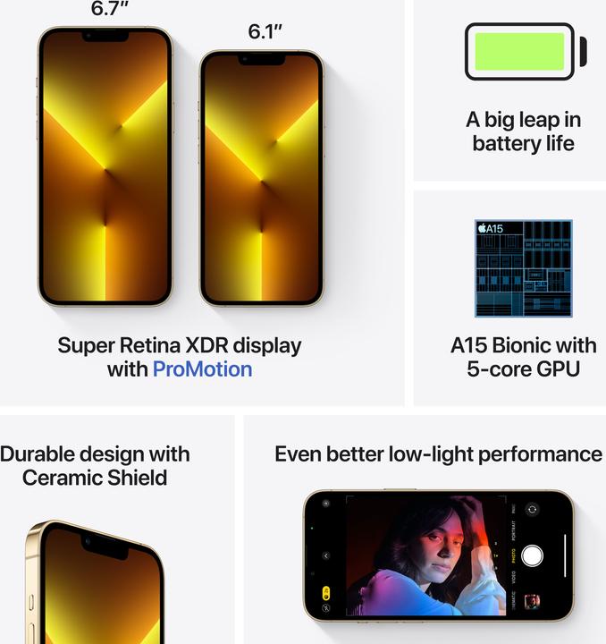 Image du produit Apple iPhone 13 Pro (256 Go, Or, 6.10", SIM + eSIM, 12 Mpx, 5G)