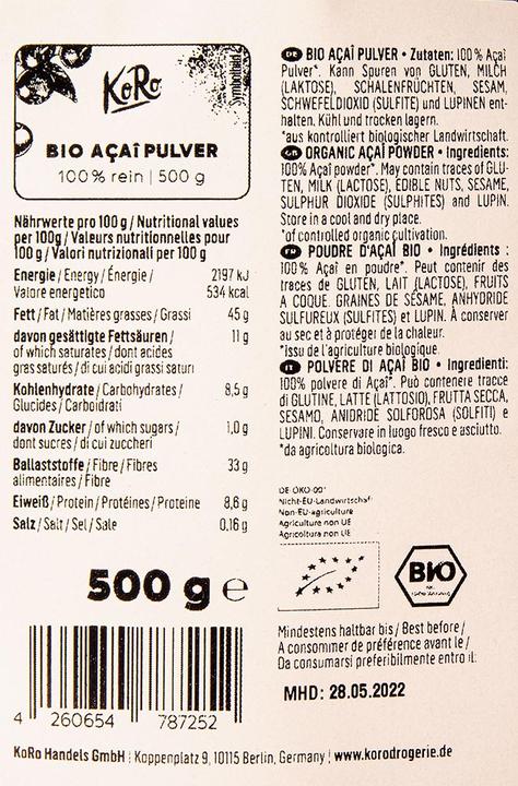 Valori nutrizionali e ingredienti KoRo 100% reines Bio Açai Pulver (500g Beutel) (500 g)