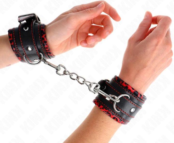 Actual product image Kink FUR LINTERED Wrist Cuffs RED/BLACK ADJUSTABLE 17-29 CM X 6 CM