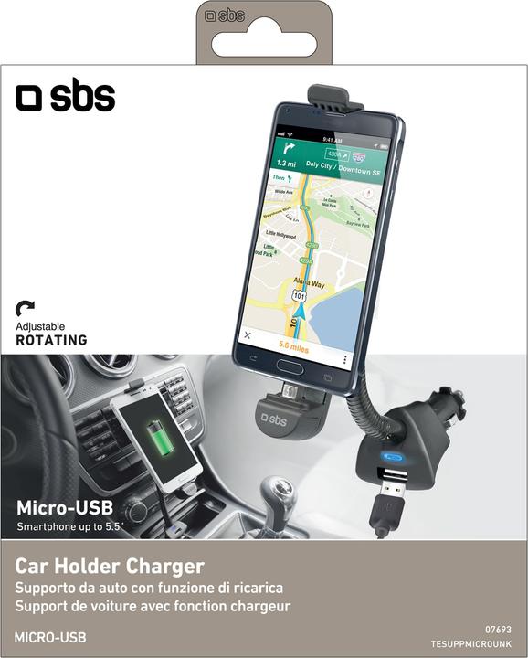 Actual product image SBS Car holder charger with micro USB connector and USB port for smartphone up to 5,5Inc