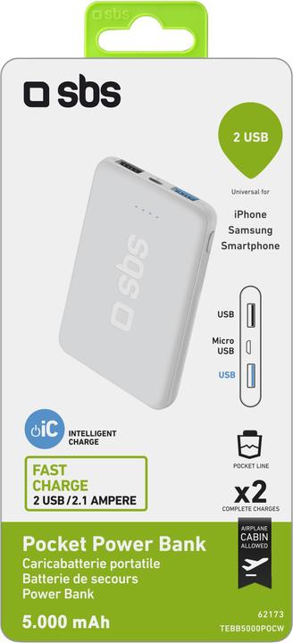 Image du produit SBS Banque de puissance de poche 5000 mAh (5000 mAh, 18.50 Wh)