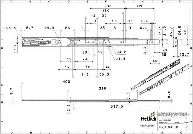 Immagine prodotto Hettich Schubladenschiene Vollauszug 400 mm mit Anschlagdämpfung chromatiert 9126921 2 Stück