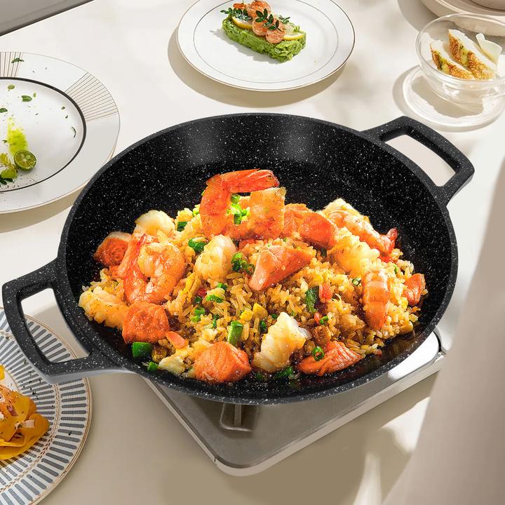 Actual product image Cheffinger Paella pan with non-stick coating in marble look 32cm (28 cm, Paella pan, Aluminium)