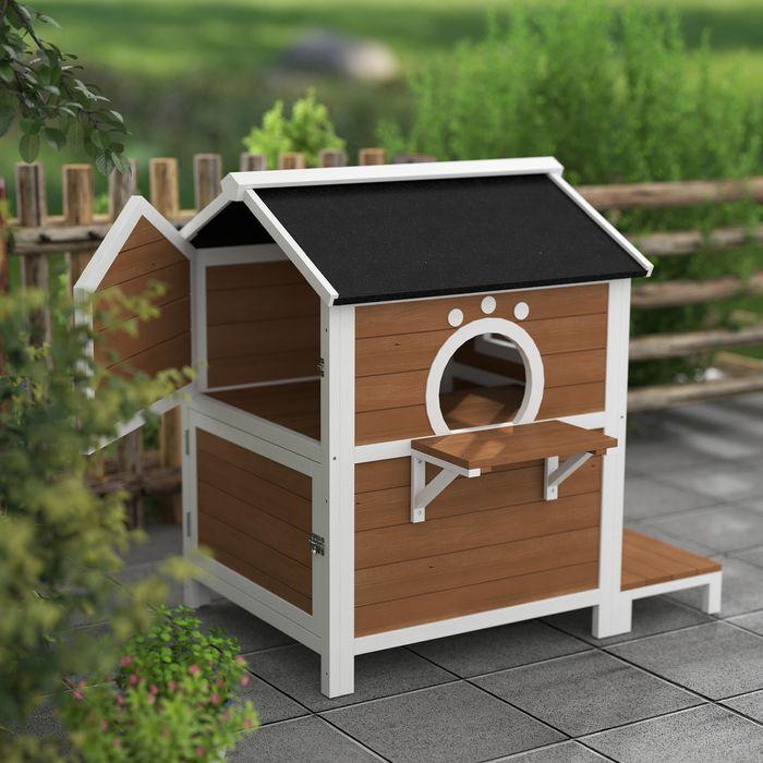 Image du produit Swisshandel24 Katzenhaus aus Holz Katzenhöhle mit Fenster, Balkon für Indoor, Outdoor Braun (Chat)