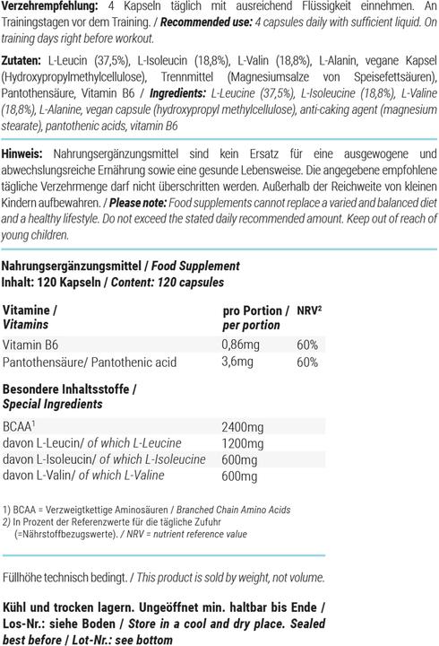 Valori nutrizionali e ingredienti Foodspring Bcaa (1 Pezzo/i, Pillole, 96 g)
