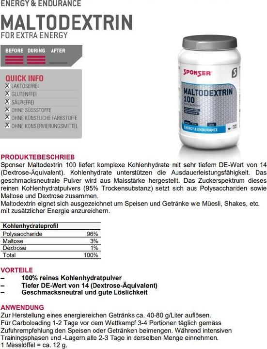 Valori nutrizionali e ingredienti Sponser maltodestrina 100 (Neutro, 1 pz., 900 g)