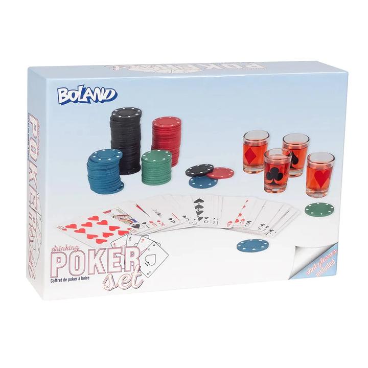 Actual product image Boland Trinkspiel Drinking Poker 120 Pokerchips, 1 Satz Spielkarten, 4 Glas-Schnapsgläser