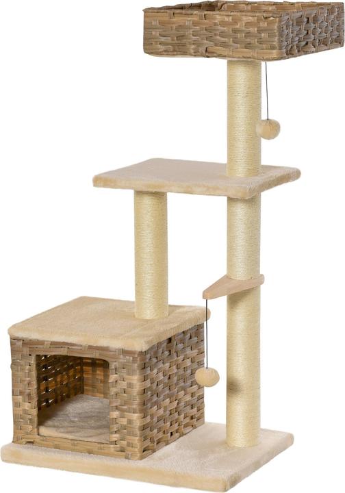 Produktbild PawHut Kratzbaum mit Rattanhöhle (109 cm, Braun, Beige)