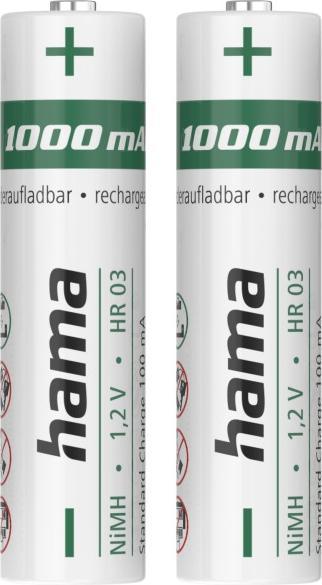 Hama Batterie ricaricabili NiMH, AAA Micro, 1000 mAh, 1,2 V, 2 pezzi (2 pz., AAA, 1000 mAh)