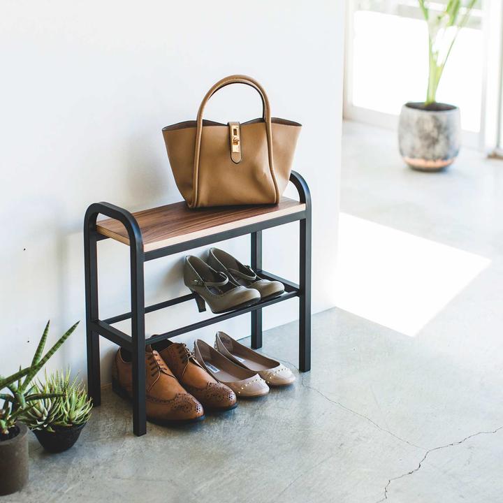 Actual product image Yamazaki shoe rack with wooden board - Tower - Black (4788)