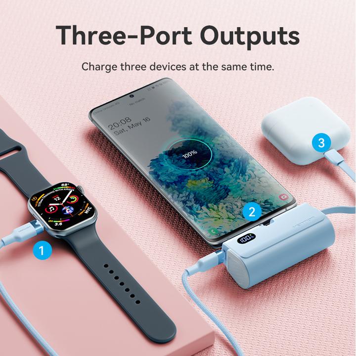 Productafbeelding Vention LED Display 4800mAh Power Bank (USB-C + Lightning + USB-C) 22.5W Roze Opvouwbaar USB-C Type (4800 mAh, 22.50 W, 22.50 Wh)