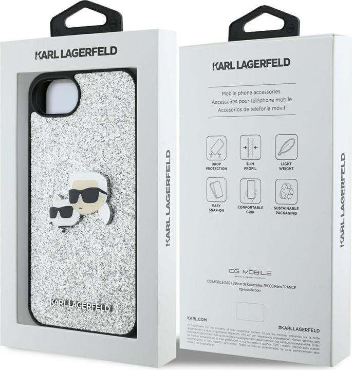 Produktbild Karl Lagerfeld - Hardcase Glitter Fixed (KLHCPSE4PFGKCPS) - iPhone 16e - Silver Karl&Choupette Head (Apple iPhone 16e)