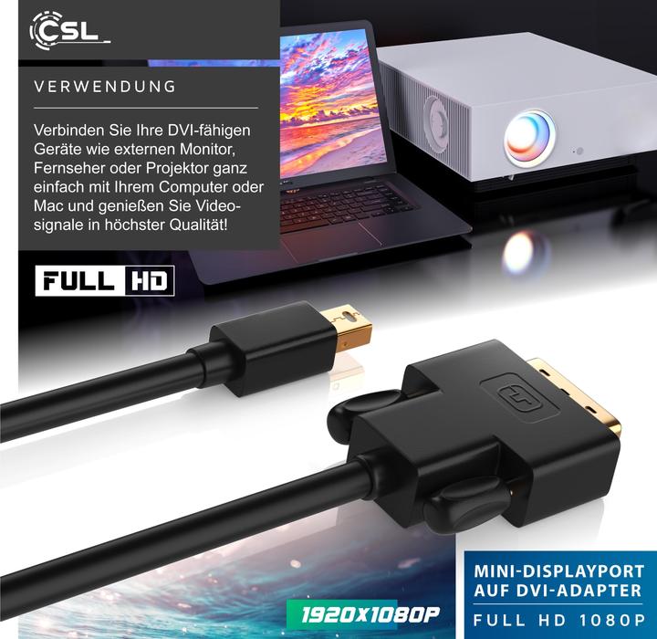 Produktbild CSL Mini DisplayPort zu DVI Video-Kabel, miniDP Monitor Adapter Kabel, für Apple, PC's & Notebooks (1 m, DisplayPort, DVI)