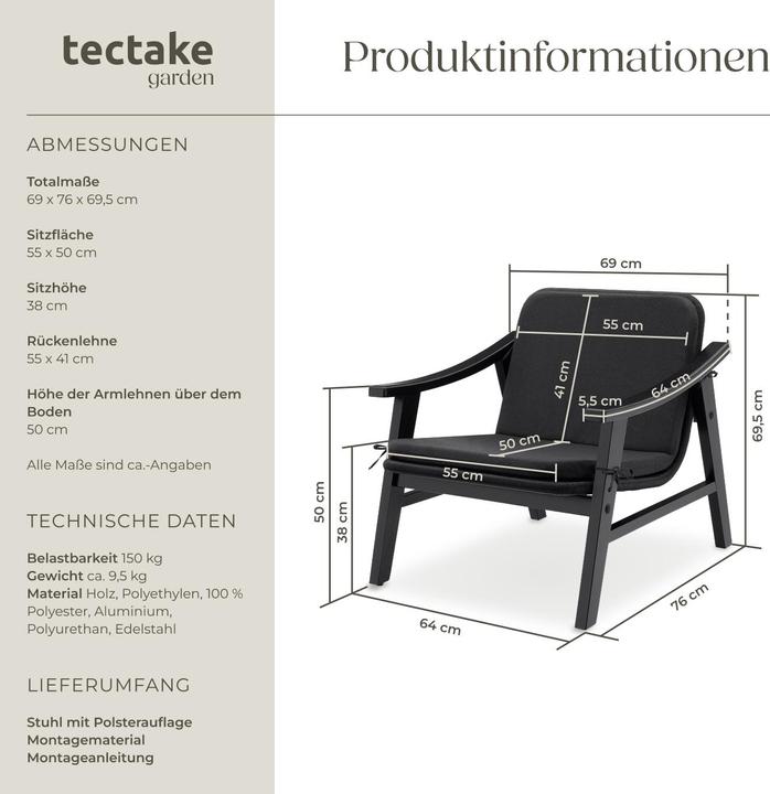 Image du produit tectake Chaise en rotin Treviso, structure en bois et rembourrage