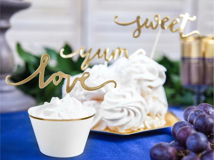 Produktbild Partydeco Kuchen-Topper Set love, sweet, yum 13 cm, 6 Stück, Gold
