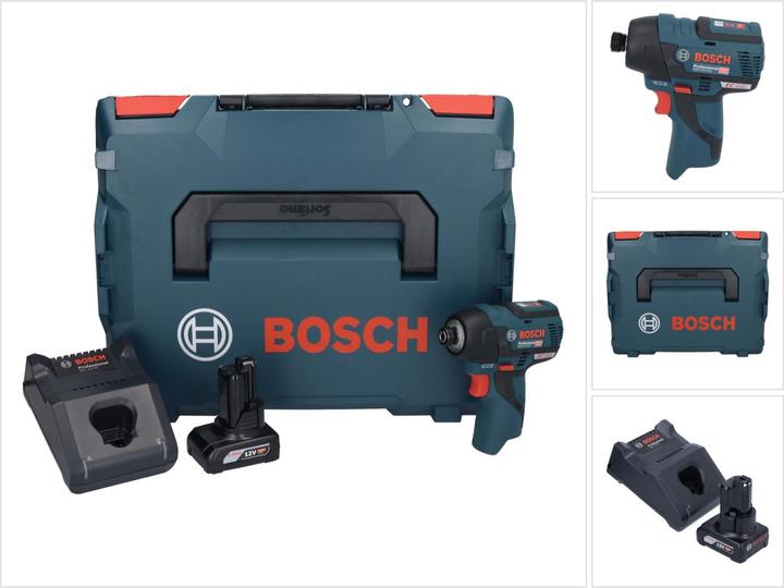 1x avvitatore a impulsi Bosch GDR 12V-110 Professional, 1x batteria ricaricabile Bosch GBA 12 V 6.0 Ah, 1x caricabatterie Bosch GAL 12V-40, 1x valigetta L-Boxx 102, 1x inserto coordinato