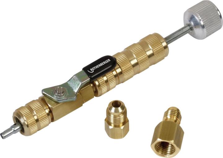 Actual product image Rothenberger Schrader valve tool 1/4" + 5/16", valve change in operation, for R410A and R32