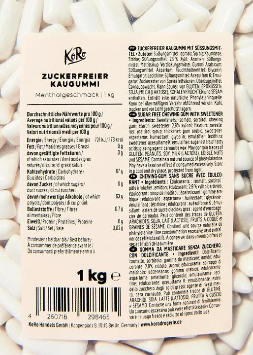 Nutritional values and ingredients KoRo Sugar-free chewing gum with sweetener (1 pcs., 1000 g)