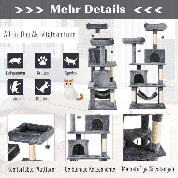 Image du produit Swisshandel24 Arbre à gratter Arbre à grimper Meubles pour chat Grotte à chat avec poteaux en sisal, 60 x 50 x (145 cm, Gris)
