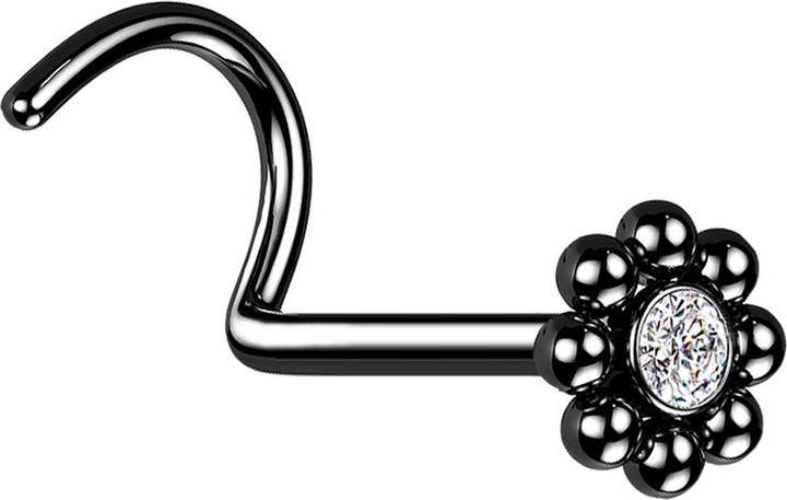 Immagine prodotto Star Piercing Nasenstecker gebogen schwarz Blume mit Kugeln und Kristall (senza ottone, Acciaio chirurgico 316L)