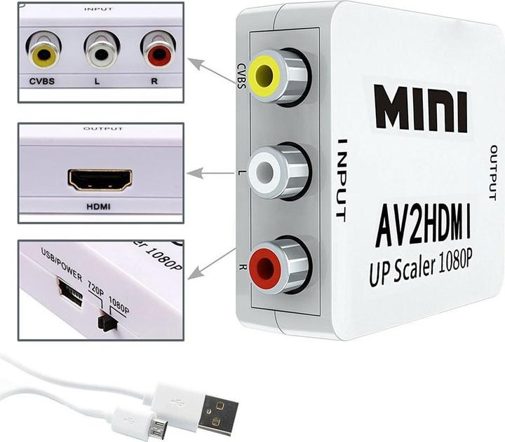 Produktbild Apfelkiste Mini Cinch RCA CVBS AV auf HDMI 1080P Konverter Adapter für TV, PC, PS3, DVD (Kamera Konverter)