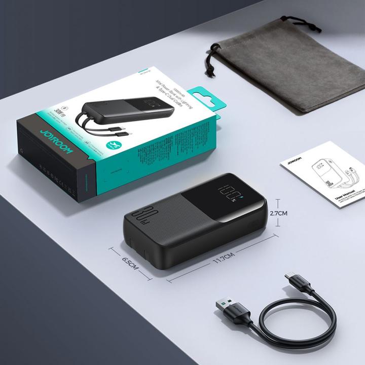 Immagine prodotto Joyroom Mini power bank da 30W 20000mAh con cavi integrati, USB-A e USB-C - Nero (10000 mAh, 30 W, 37 Wh)