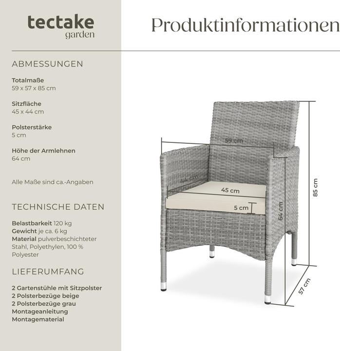 Immagine prodotto tectake 2 Sedie da giardino in rattan + 4 rivestimenti di ricambio