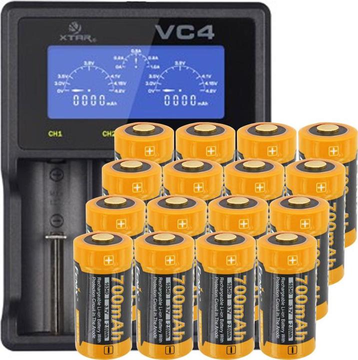Produktbild Fenix Akku CR123 A 16 Stück und LCD-Schnell-Ladegerät (16 Stk., CR123A, 670 mAh, Ladegerät inkl. Akku)