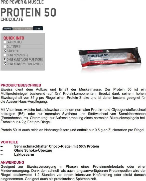 Nährwerte und Zutaten Sponser Protein 50 (Schokolade, 20 Stk., 1400 g)