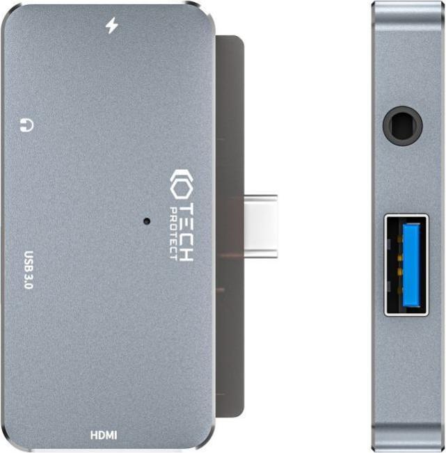 Actual product image Tech-Protect HUB V6 4in1 USB-C - USB-A 3.0 / USB-C PD100W / HDMI / mini jack 3.5mm - grey (USB-C, 4 Ports)