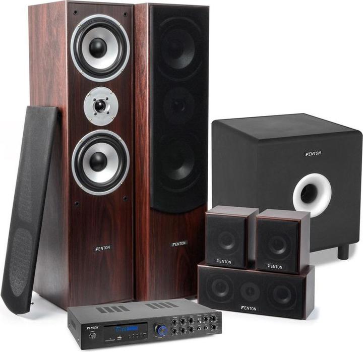 Produktbild Fenton set home cinema - AV550BT 5.1 versterker met walnoot speakers en actieve subwoofer