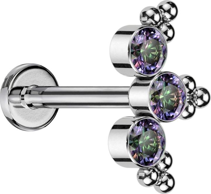 Actual product image Star Piercing Micro Threadless Labret silver triangular beads three crystals dark multicolour (without brass, Titanium G23)