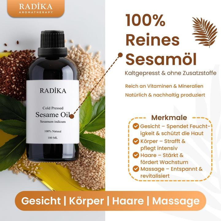 Actual product image Radika Sesame oil, cold-pressed, 100% pure, organic, natural, 100 ml (Body oil, 100 ml)