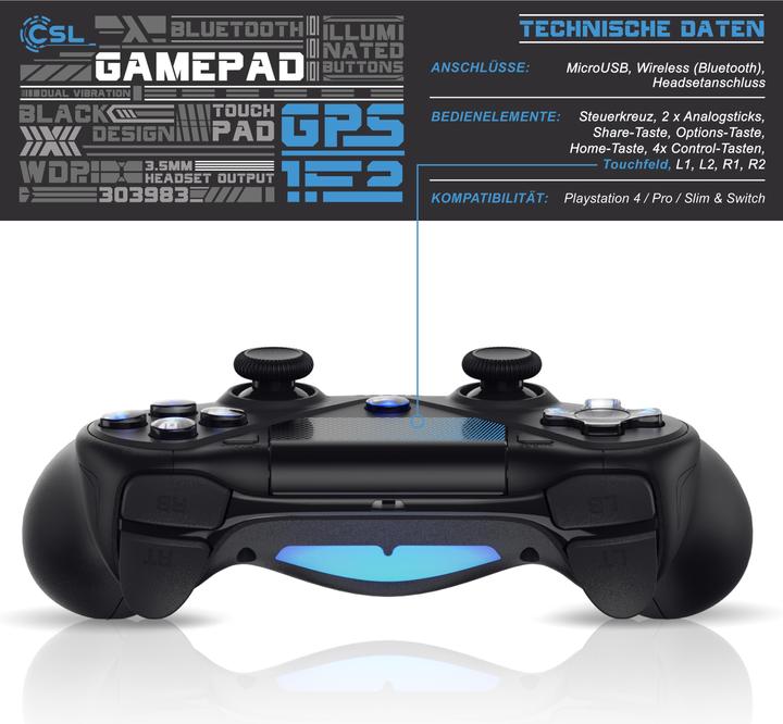 Produktbild CSL Gaming Controller, Wireless Gamepad für PS4, Playstation & Switch, Bluetooth & Kabel, Touchpad, Akku (Switch, PS4)