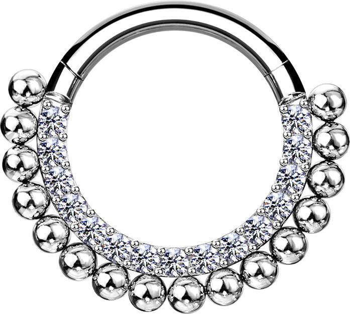 Star Piercing Micro Segmentring klappbar silber front Kristalle silber und Kugeln (ohne Messing, Chirurgenstahl 316L)