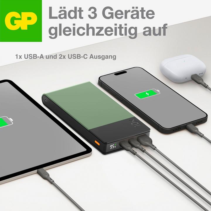 Immagine prodotto GP Batteries GP PowerBank M2+ 10C 10000mAh 2xUSB-C/1xUSB-A display a LED verde (10000 mAh, 22.50 W, 37 Wh)
