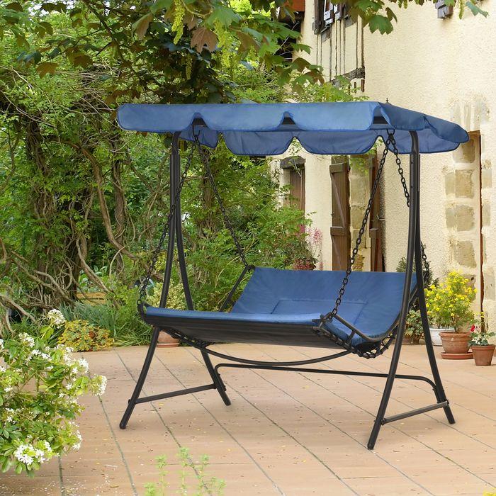 Actual product image Swisshandel24 Swinging lounger Hollywood swing garden lounger with roof for 2 persons steel blue 164x116x176cm