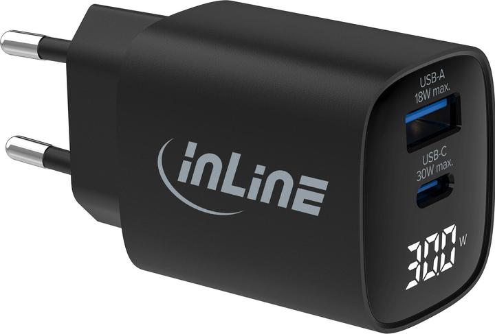 InLine USB PD Netzteil, GaN Ladegerät, 2-Port, USB-C + USB-A, 30W, mit Display, schwarz (30 W)