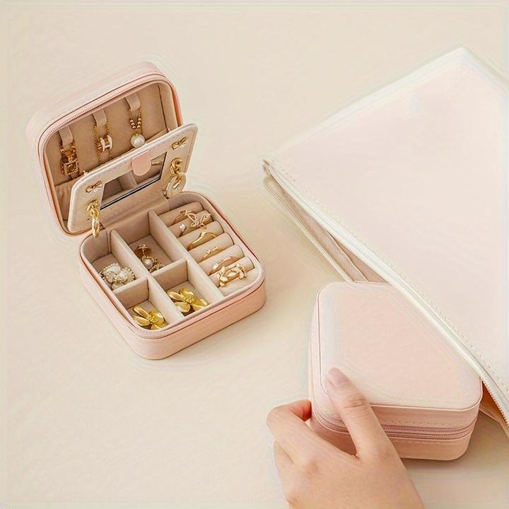 Produktbild Only-Bags.Store 1 Stück Mini-Reise-Schmuck-Organizer im klassischen Stil mit Spiegel, 3-lagiger Aufbewahrungskoffer