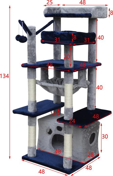 Actual product image Fudajo Cat Tree Dark Grey Scratching Tree 134cm High Climbing Tree with Cat House and Hammock (133 cm, Dark grey, Beige)