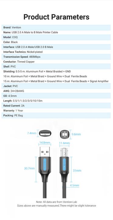 Actual product image Vention Cable USB 2.0 A to B COQBG 1.5m (black) (1.50 m, USB 2.0)