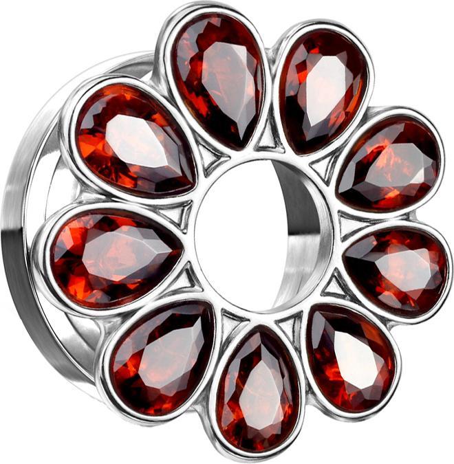 Star Piercing Flesh Tunnel silber Kristallbume rot (Chirurgenstahl 316L, ohne Messing)