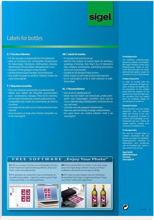 Produktbild Sigel InkJet Flaschen-Etiketten A4