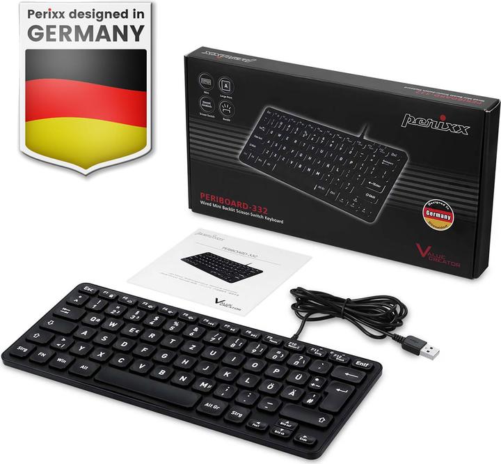 Actual product image Perixx PERIBOARD-332B DE, mini keyboard, USB wired, backlight, black (DE, Cable)