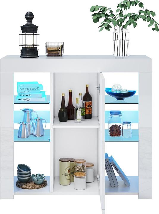 Actual product image SONNI Sideboard, kitchen cabinet with LED lighting (adjustable in 12 colors), white, high gloss, sto